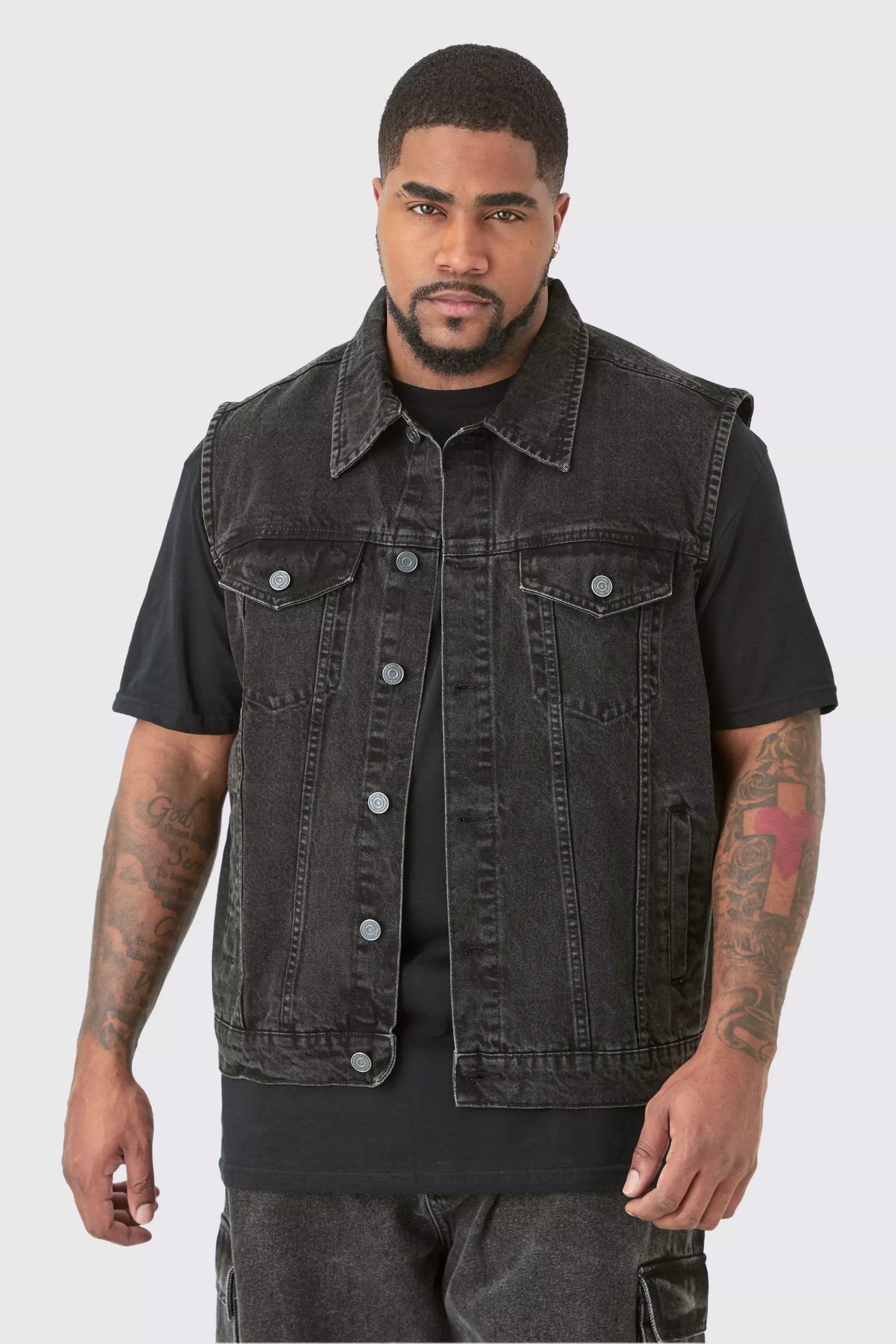 Plus Denim Gilet boohooMAN UK